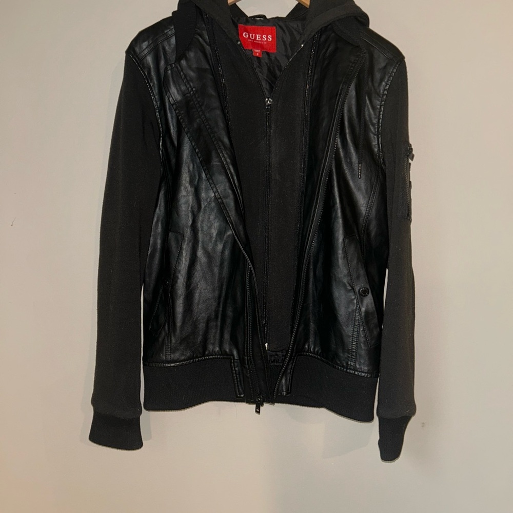 GUESS Black Mixed-Media Bomber Jacket with Hood